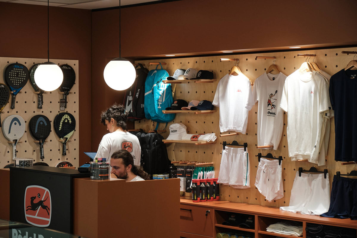 Padel rackets on wall in the Padel Point pro shop